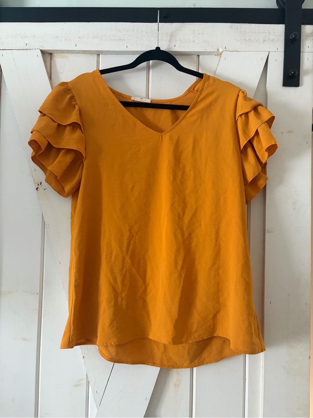 entro Mustard Ruffle Sleeve V-Neck Blouse
